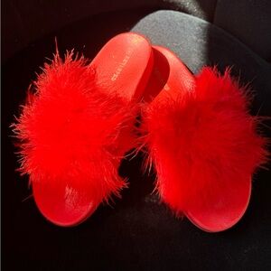 ❤️ Red Furry Feather Slide Slipper Sandals